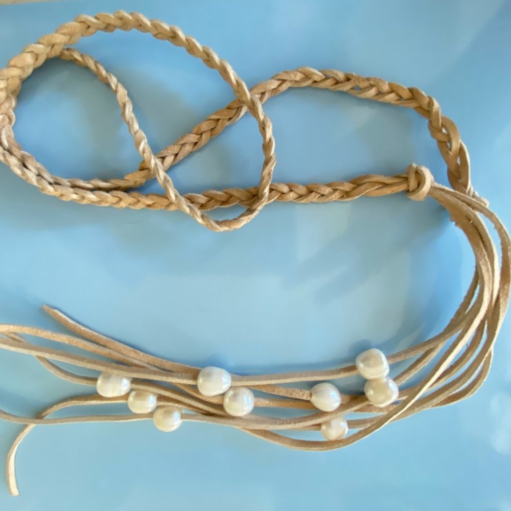 Sundance Inspired Lariat Leather & Pearl Necklace
